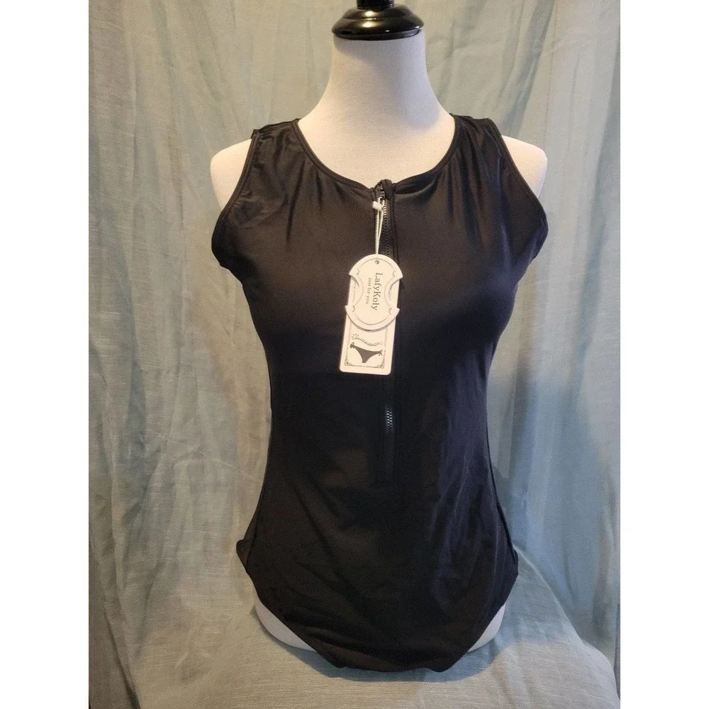 NWT Black, zip up, One Piece Swimsuit 2xl
